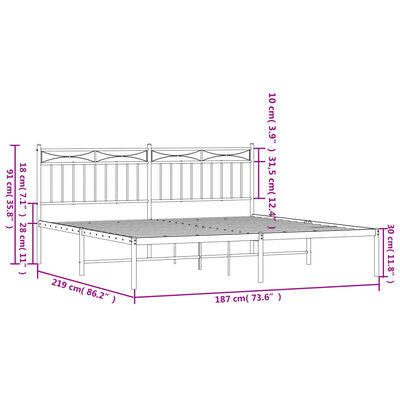 vidaXL Metal Bed Frame without Mattress with Headboard White 72"x83.9"