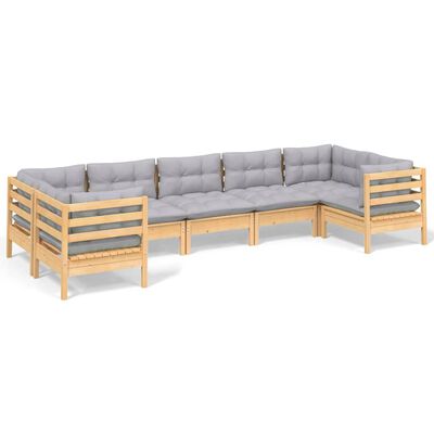 vidaXL 7 Piece Patio Lounge Set with Gray Cushions Pinewood