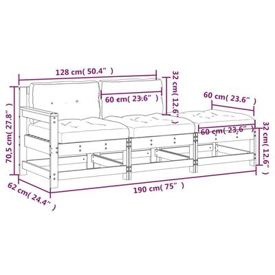 vidaXL 3 Piece Patio Lounge Set with Cushions Solid Wood