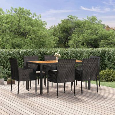 vidaXL 7 Piece Patio Dining Set with Cushions Black Poly Rattan