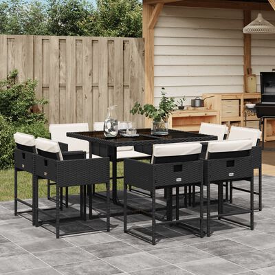 vidaXL 9 Piece Patio Dining Set with Cushions Black Poly Rattan