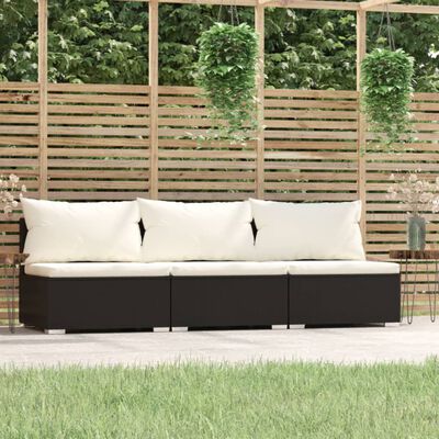 vidaXL 3 Seat Patio Sofa with Cushions Black Poly Rattan