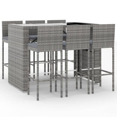 vidaXL 7 Piece Patio Bar Set with Cushions Gray Poly Rattan