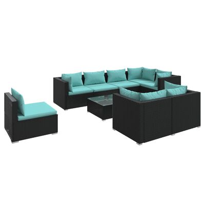 vidaXL 9 Piece Patio Lounge Set with Cushions Poly Rattan Black