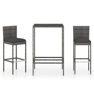 vidaXL 3 Piece Patio Bar Set with Cushions Poly Rattan Gray