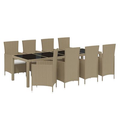 vidaXL 9 Piece Patio Dining Set with Cushions Poly Rattan Beige