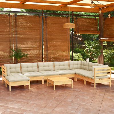 vidaXL 9 Piece Patio Lounge Set with Cream Cushions Solid Pinewood