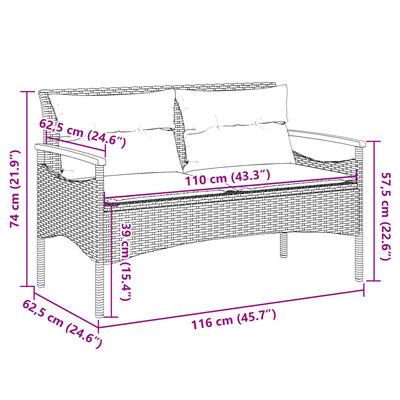 vidaXL Patio Bench with Cushions 45.7"x24.6"x29.1" Black Poly Rattan