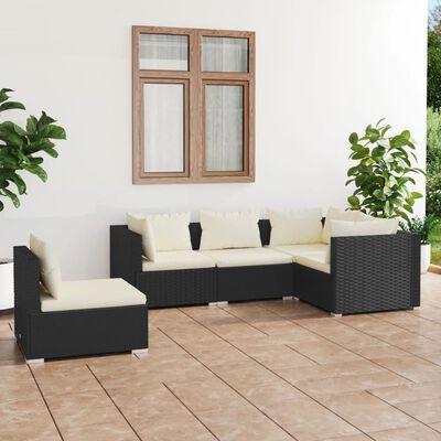 vidaXL 5 Piece Patio Lounge Set with Cushions Poly Rattan Black