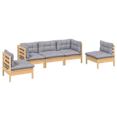 vidaXL 5 Piece Patio Lounge Set with Gray Cushions Solid Pinewood