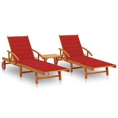 vidaXL Sun Loungers 2 pcs with Table and Cushions Solid Acacia Wood