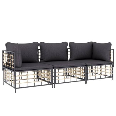 vidaXL 3 Piece Patio Lounge Set with Cushions Anthracite Poly Rattan