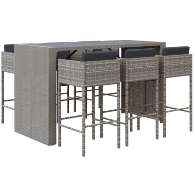 vidaXL 7 Piece Patio Bar Set with Cushions Gray Poly Rattan