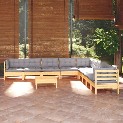 vidaXL 10 Piece Patio Lounge Set with Gray Cushions Solid Pinewood