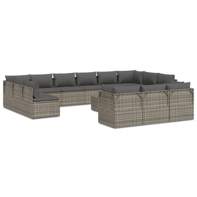 vidaXL 14 Piece Patio Lounge Set with Cushions Gray Poly Rattan