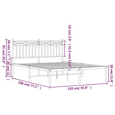 vidaXL Metal Bed Frame without Mattress with Headboard White 53.1"x74.8"