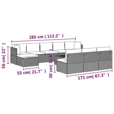 vidaXL 11 Piece Patio Lounge Set with Cushions Gray Poly Rattan