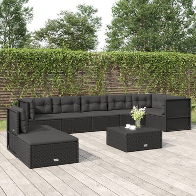 vidaXL 8 Piece Patio Lounge Set with Cushions Black Poly Rattan