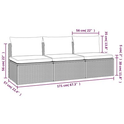 vidaXL 3-Seater Patio Sofa with Cushions Gray Poly Rattan