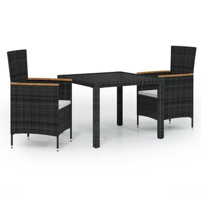 vidaXL 3 Piece Patio Dining Set with Cushions Poly Rattan Black