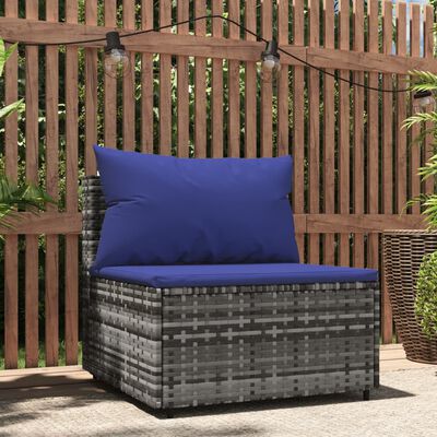 vidaXL Patio Middle Sofa with Cushions Gray Poly Rattan