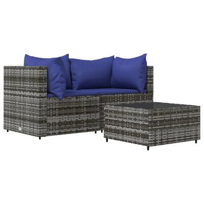 vidaXL 3 Piece Patio Lounge Set with Cushions Gray Poly Rattan