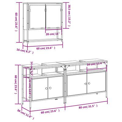 vidaXL 3 Piece Bathroom Furniture Set Smoked Oak Engineered Wood