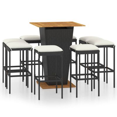 vidaXL 9 Piece Patio Bar Set with Cushions Poly Rattan Black