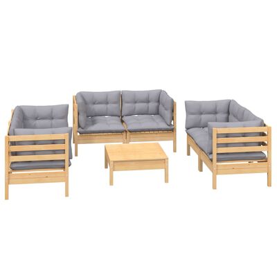 vidaXL 7 Piece Patio Lounge Set with Gray Cushions Solid Pinewood