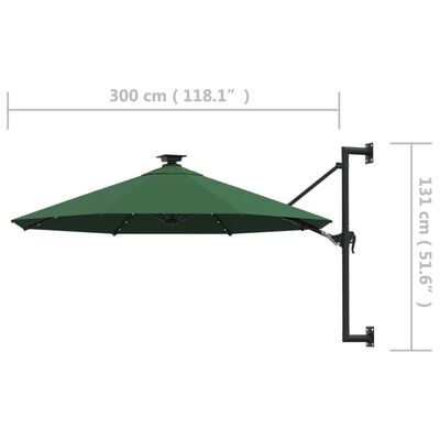 vidaXL Wall-mounted Garden Parasol with LEDs and Metal Pole 118.1" Green