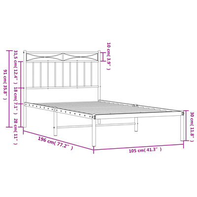 vidaXL Metal Bed Frame without Mattress with Headboard White 39.4"x74.8"