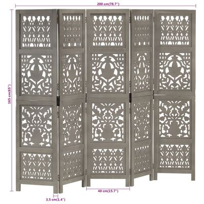 vidaXL Hand Carved 5-Panel Room Divider Gray 78.7"x65" Solid Mango Wood