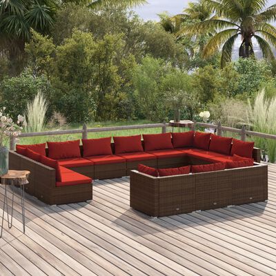 vidaXL 13 Piece Patio Lounge Set with Cushions Brown Poly Rattan