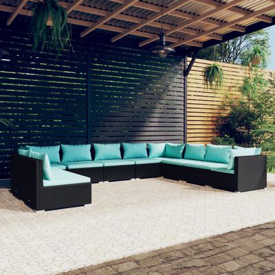 vidaXL 10 Piece Patio Lounge Set with Cushions Black Poly Rattan