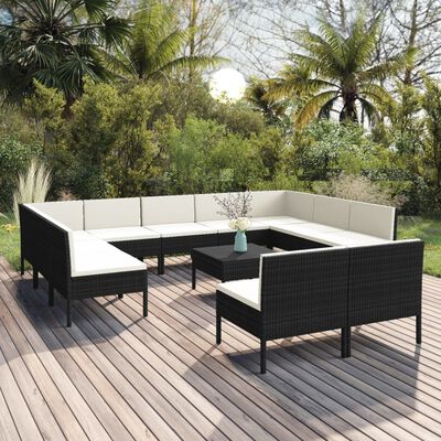 vidaXL 12 Piece Patio Lounge Set with Cushions Poly Rattan Black