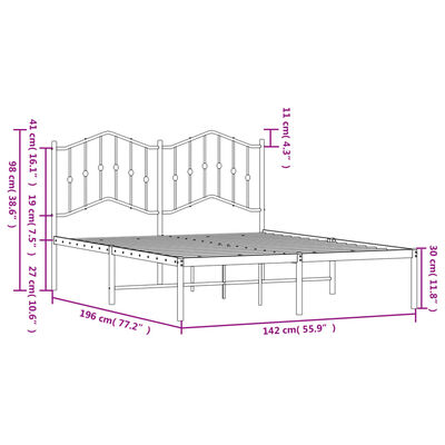 vidaXL Metal Bed Frame with Headboard White 53.1"x74.8"