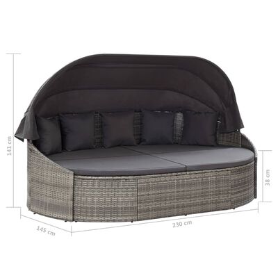 vidaXL Patio Lounge Bed with Canopy Poly Rattan Gray