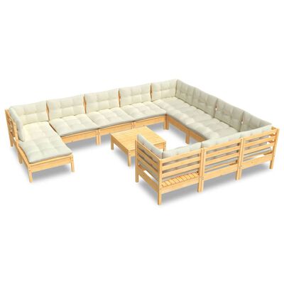 vidaXL 12 Piece Patio Lounge Set with Cream Cushions Pinewood