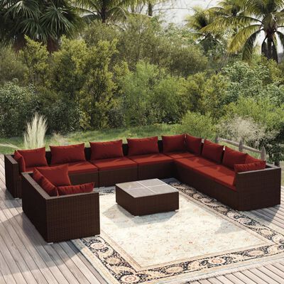 vidaXL 11 Piece Patio Lounge Set with Cushions Brown Poly Rattan