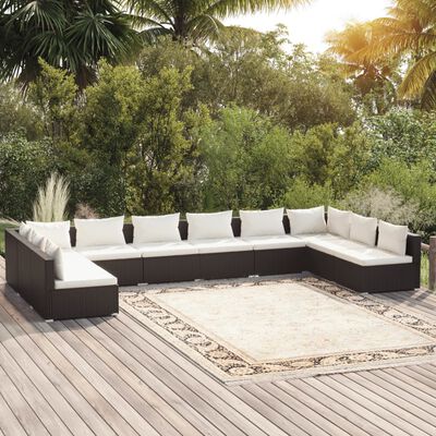 vidaXL 10 Piece Patio Lounge Set with Cushions Poly Rattan Black