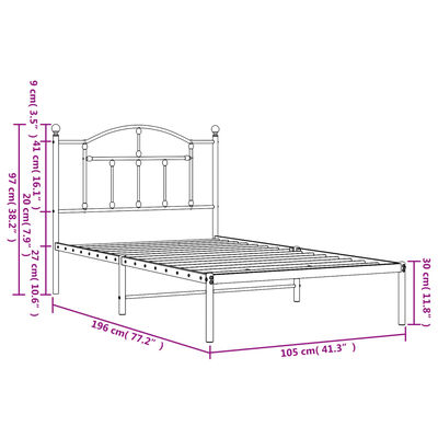 vidaXL Metal Bed Frame without Mattress with Headboard White 39.4"x74.8"