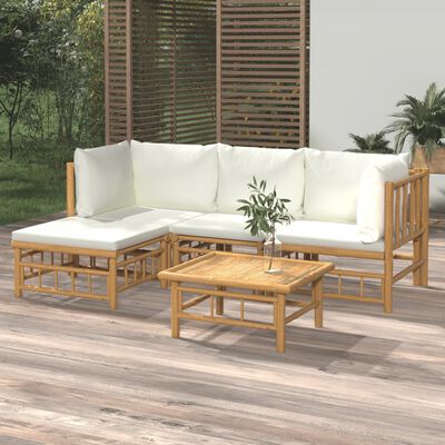 vidaXL 5 Piece Patio Lounge Set with Cream White Cushions Bamboo