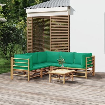 vidaXL 6 Piece Patio Lounge Set with Green Cushions Bamboo