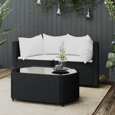 vidaXL 3 Piece Patio Lounge Set with Cushions Black Poly Rattan