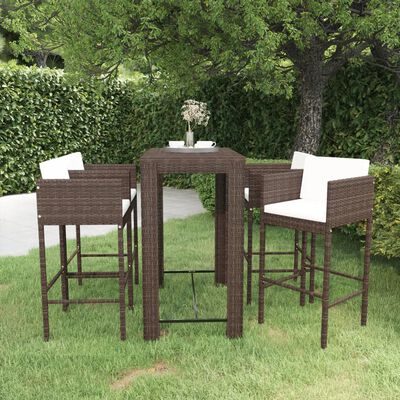 vidaXL 5 Piece Patio Bar Set with Cushions Poly Rattan Brown