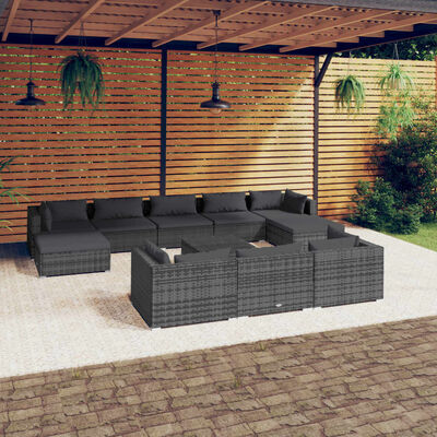 vidaXL 11 Piece Patio Lounge Set with Cushions Gray Poly Rattan