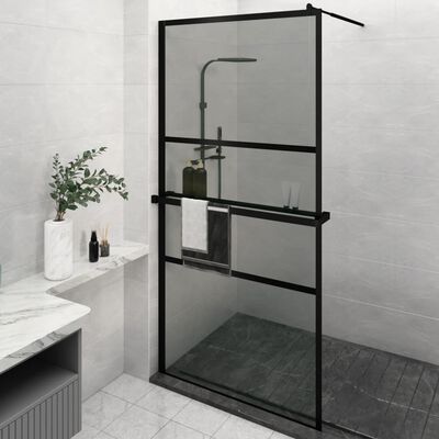 vidaXL Walk-in Shower Wall with Shelf Black 45.3"x76.8" ESG Glass&Aluminum