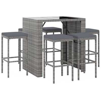 vidaXL 7 Piece Patio Bar Set with Cushions Gray Poly Rattan