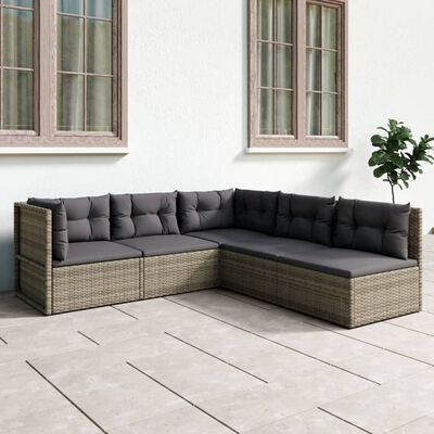 vidaXL 5 Piece Patio Lounge Set with Cushions Gray Poly Rattan