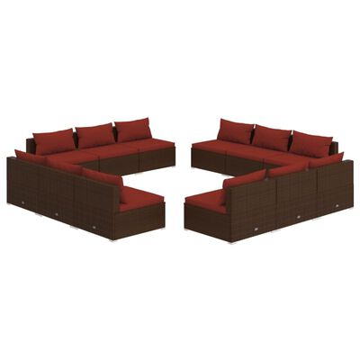 vidaXL 12 Piece Patio Lounge Set with Cushions Poly Rattan Brown